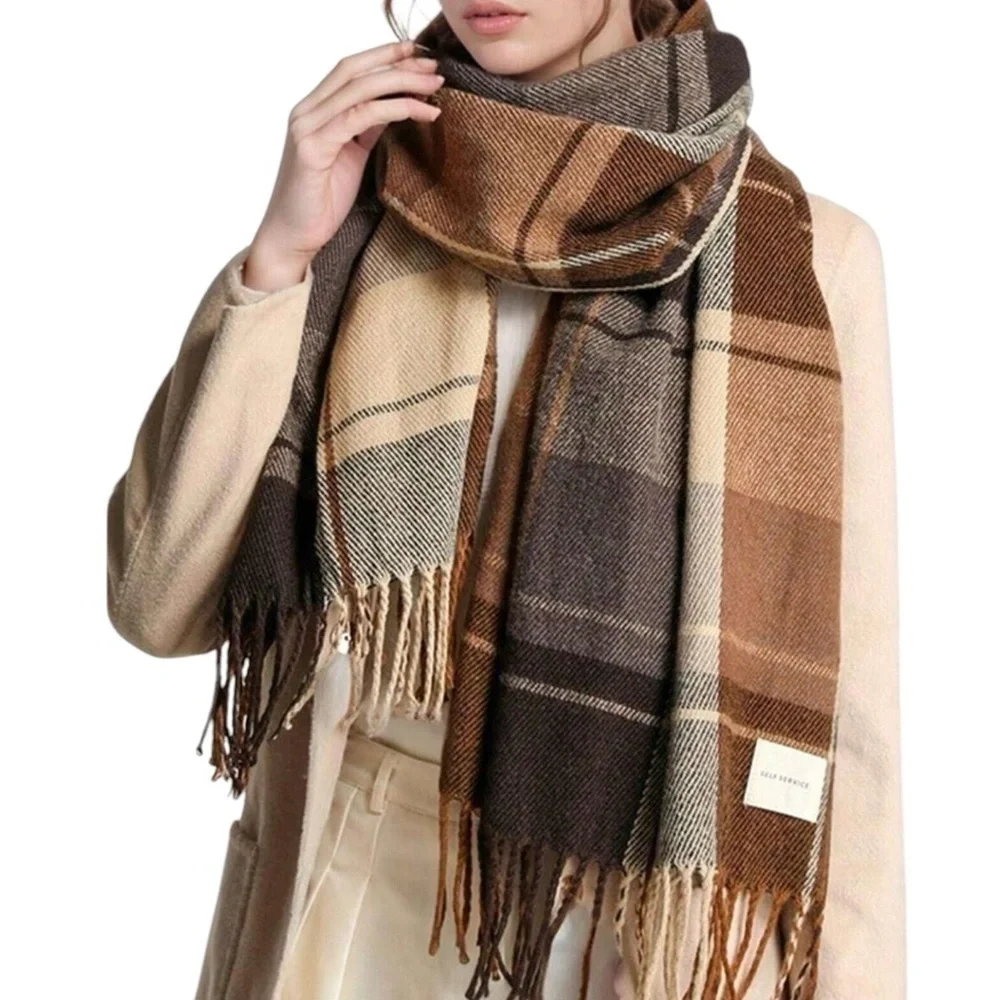 Self Service Plaid Woolen Scarf Shawl Wrap Brown Earth Tones New